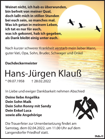 Traueranzeige von Hans-Jürgen Klauß von Trauerkombi Weißenfels