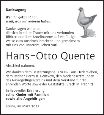 Traueranzeige von Hans-Otto Quente von Trauerkombi Merseburg