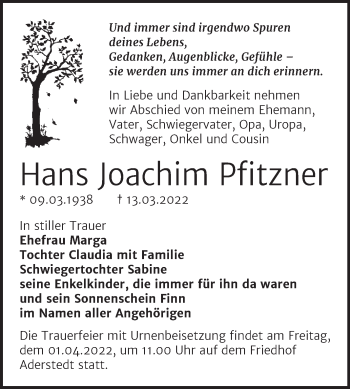 Traueranzeige von Hans Joachim Pfitzner von Trauerkombi Bernburg