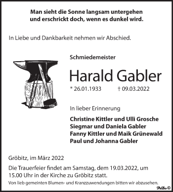 Traueranzeige von Harald Gabler von Trauerkombi Weißenfels