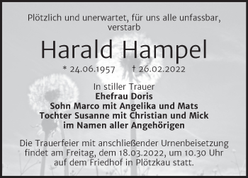 Traueranzeige von Harald Hampel von Trauerkombi Bernburg