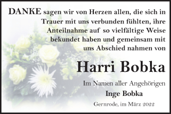 Traueranzeige von Harri Bobka von Trauerkombi Quedlinburg