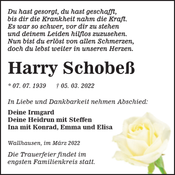 Traueranzeige von Harry Schobeß von Trauerkombi Sangerhausen
