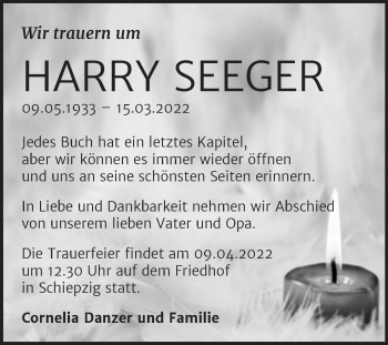 Traueranzeige von Harry Seeger von Mitteldeutsche Zeitung Halle/Saalkreis