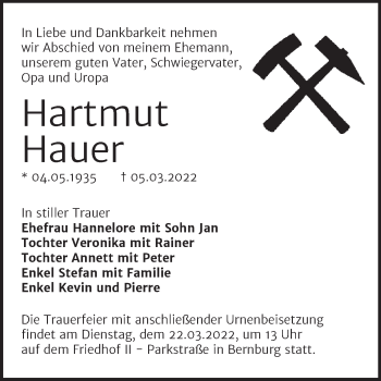 Traueranzeige von Hartmut Hauer von Trauerkombi Bernburg