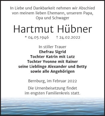 Traueranzeige von Hartmut Hübner von Trauerkombi Bernburg