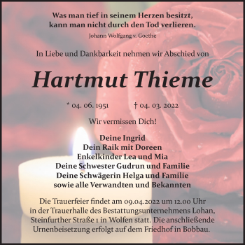 Traueranzeige von Hartmut Thieme von Trauerkombi Bitterfeld