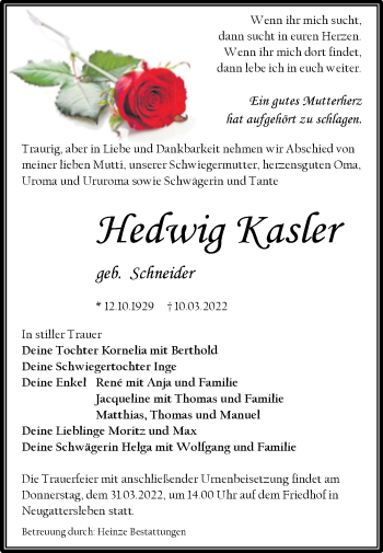 Traueranzeige von Hedwig Kasler von Trauerkombi Bernburg