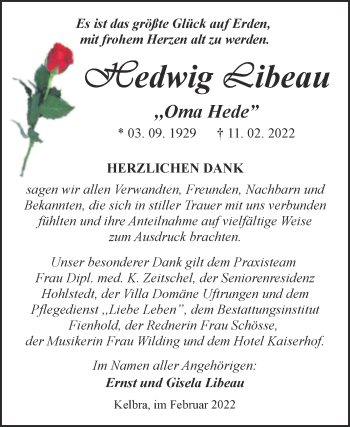 Traueranzeige von Hedwig Libeau von Trauerkombi Sangerhausen