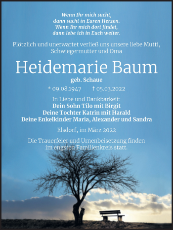 Traueranzeige von Heidemarie Baum von Trauerkombi Köthen