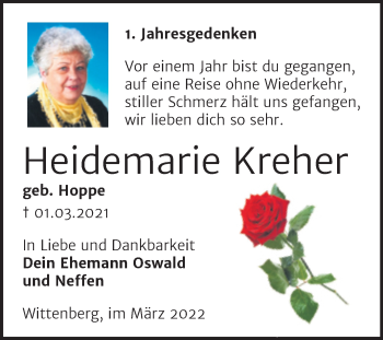 Traueranzeige von Heidemarie Kreher von Trauerkombi Wittenberg