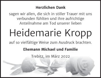 Traueranzeige von Heidemarie Kropp von Trauerkombi Bernburg
