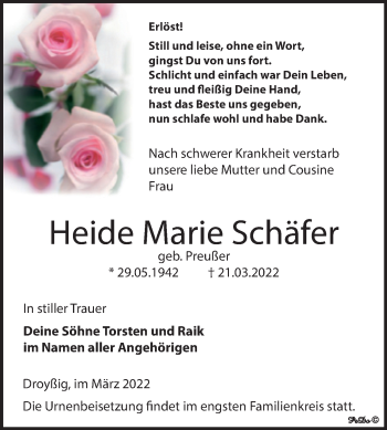 Traueranzeige von Heide Marie Schäfer von Trauerkombi Zeitz