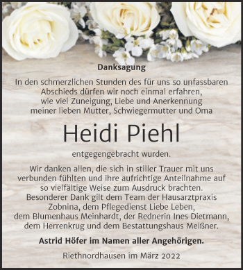 Traueranzeige von Heidi Piehl von Trauerkombi Sangerhausen
