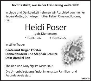 Traueranzeige von Heidi Poser von Trauerkombi Zeitz