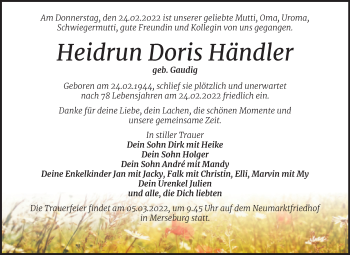 Traueranzeige von Heidrun Doris Händler von Mitteldeutsche Zeitung Merseburg/Querfurt