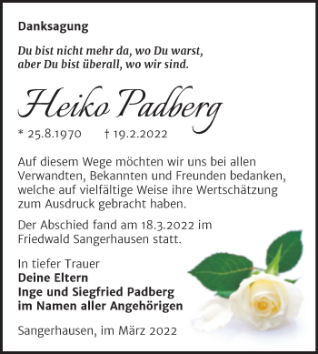Traueranzeige von Heiko Padberg von Trauerkombi Sangerhausen
