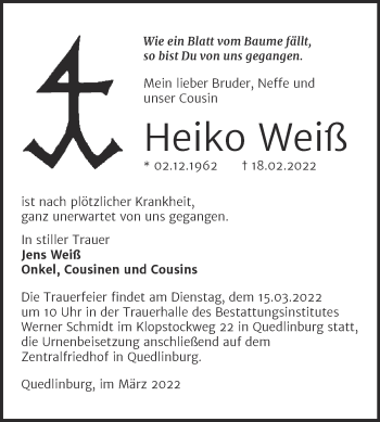 Traueranzeige von Heiko Weiß von Trauerkombi Quedlinburg