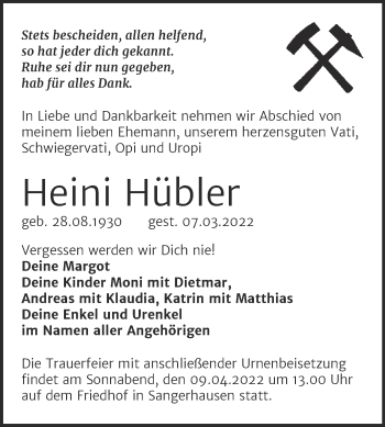 Traueranzeige von Heini Hübler von Trauerkombi Sangerhausen