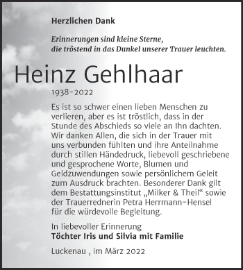 Traueranzeige von Heinz Gehlhaar von Trauerkombi Zeitz