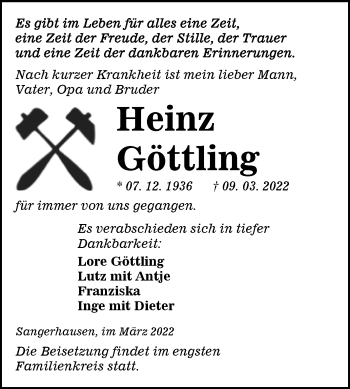 Traueranzeige von Heinz Göttling von Mitteldeutsche Zeitung Sangerhausen