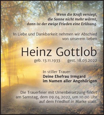 Traueranzeige von Heinz Gottlob von Trauerkombi Bitterfeld