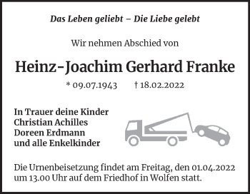 Traueranzeige von Heinz-Joachim Gerhard Franke von Trauerkombi Bitterfeld