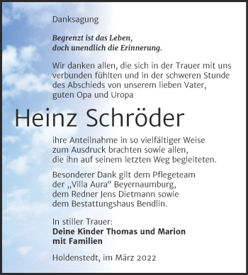 Traueranzeige von Heinz Schröder von Trauerkombi Sangerhausen