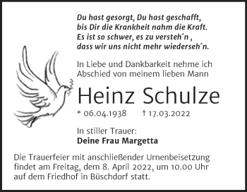 Traueranzeige von Heinz Schulze von Mitteldeutsche Zeitung Halle/Saalkreis