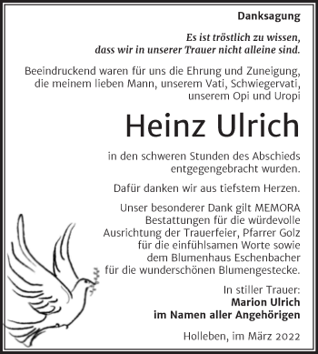 Traueranzeige von Heinz Ulrich von Mitteldeutsche Zeitung Halle/Saalkreis