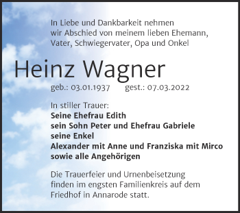 Traueranzeige von Heinz Wagner von Trauerkombi Mansfelder Land