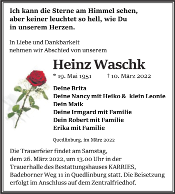 Traueranzeige von Heinz Waschk von Trauerkombi Quedlinburg
