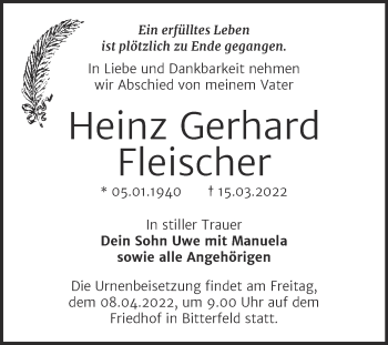 Traueranzeige von Heinz Gerhard Fleischer von Trauerkombi Bitterfeld