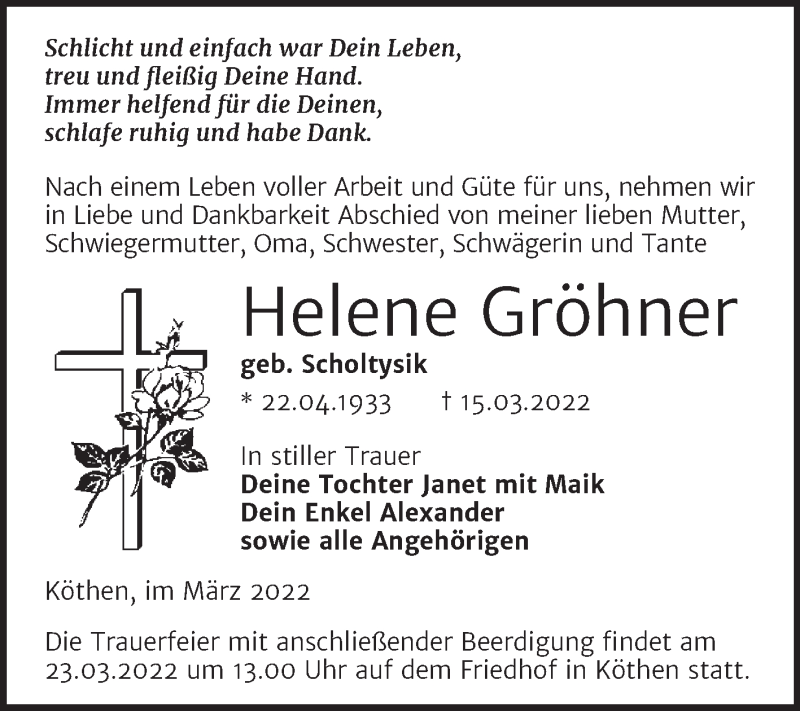  Traueranzeige für Helene Gröhner vom 19.03.2022 aus Trauerkombi Köthen