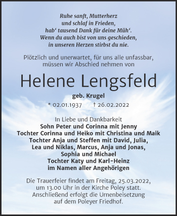 Traueranzeige von Helene Lengsfeld von Trauerkombi Bernburg
