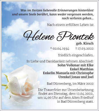 Traueranzeige von Helene Piontek von Trauerkombi Merseburg
