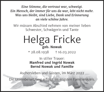Traueranzeige von Helga Fricke von Trauerkombi Aschersleben