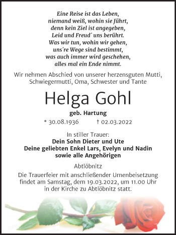 Traueranzeige von Helga Gohl von Wochenspiegel Naumburg/Nebra