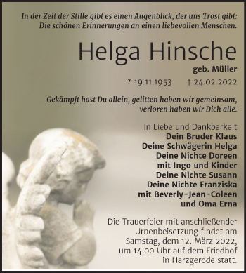 Traueranzeige von Helga Hinsche von Mitteldeutsche Zeitung Quedlingburg