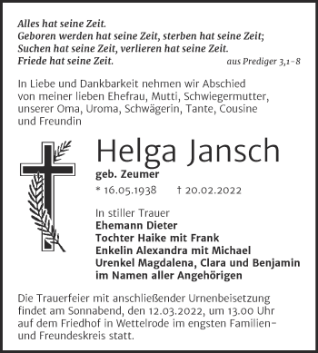 Traueranzeige von Helga Jansch von Trauerkombi Sangerhausen