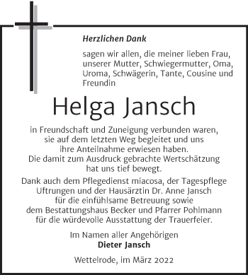 Traueranzeige von Helga Jansch von Trauerkombi Sangerhausen