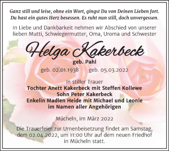 Traueranzeige von Helga Kakerbeck von Trauerkombi Merseburg