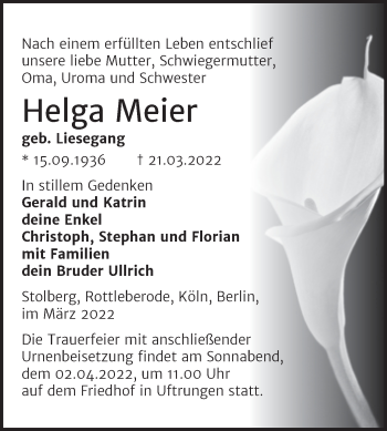 Traueranzeige von Helga Meier von Mitteldeutsche Zeitung Sangerhausen