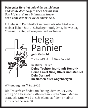 Traueranzeige von Helga Pannier von Trauerkombi Wittenberg
