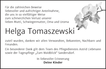 Traueranzeige von Helga Tomaszewski von Trauerkombi Bitterfeld