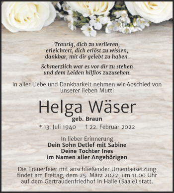 Traueranzeige von Helga Wäser von Mitteldeutsche Zeitung Halle/Saalkreis
