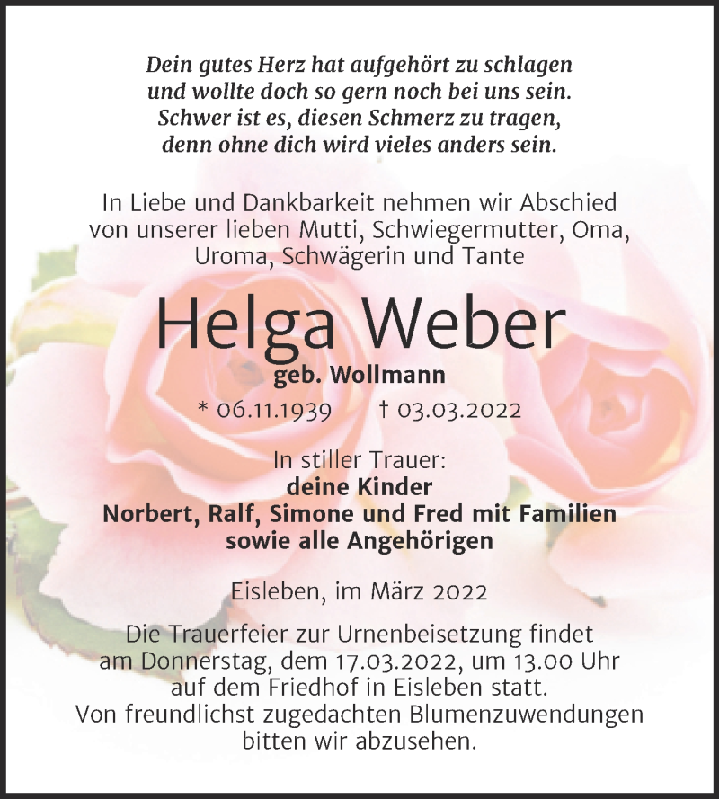  Traueranzeige für Helga Weber vom 11.03.2022 aus Trauerkombi Mansfelder Land