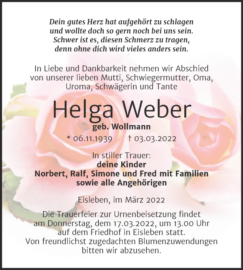  Traueranzeige für Helga Weber vom 12.03.2022 aus Trauerkombi Mansfelder Land