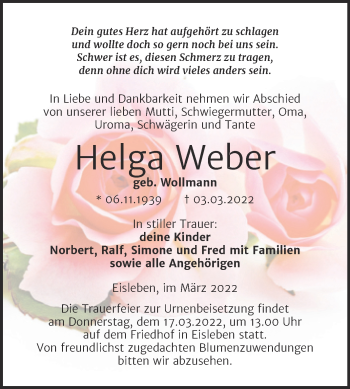 Traueranzeige von Helga Weber von Trauerkombi Mansfelder Land