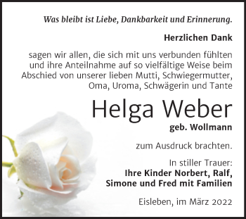 Traueranzeige von Helga Weber von Trauerkombi Mansfelder Land